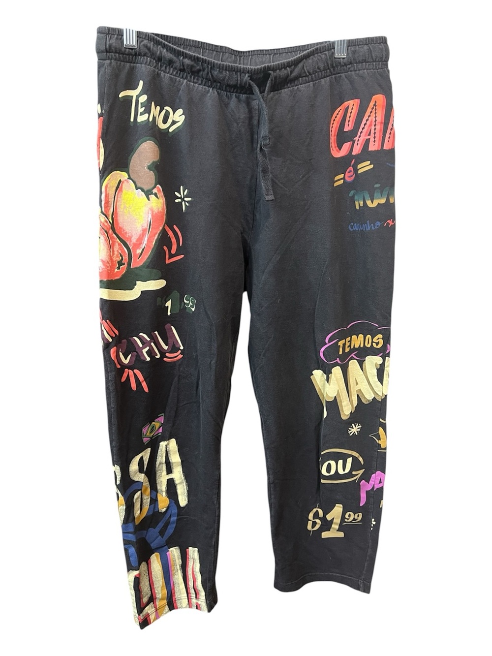 FARM Women's Black Cotton Graphic Print Drawstring Pull On Cropped Pants Large